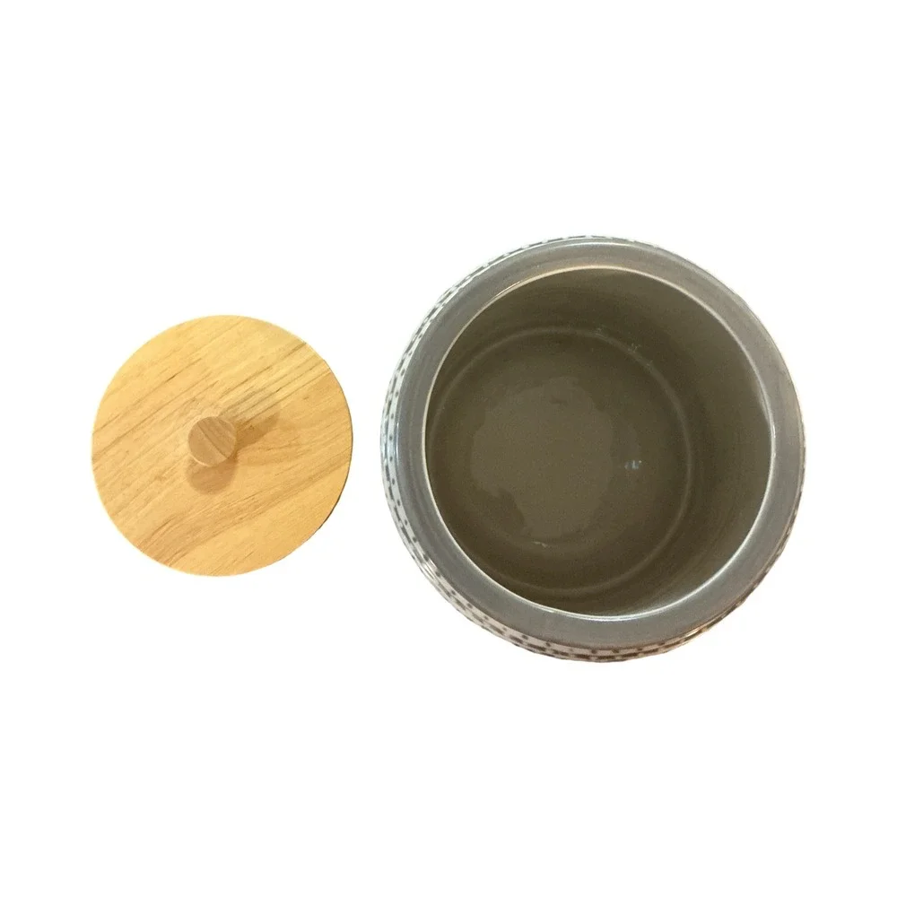 Threshold Stoneware Canister Cream Grey Geometric Pattern Wood Lid 9in Kitchen